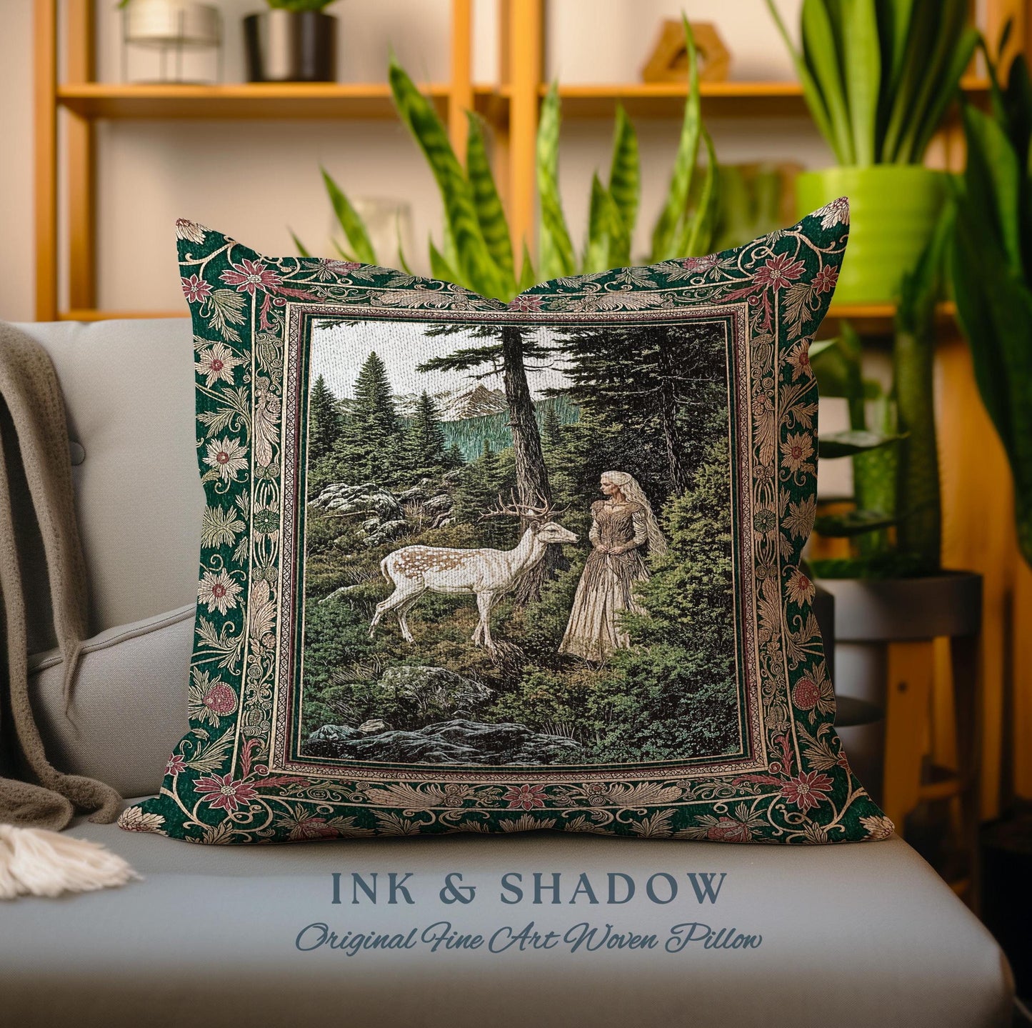 Fairytale Forest Fantasy Throw Pillow | Woodland Whimsy Nymph Tapestry Cushion Woven Emerald Green Dark Fairycore Romantic Victorian Goth |