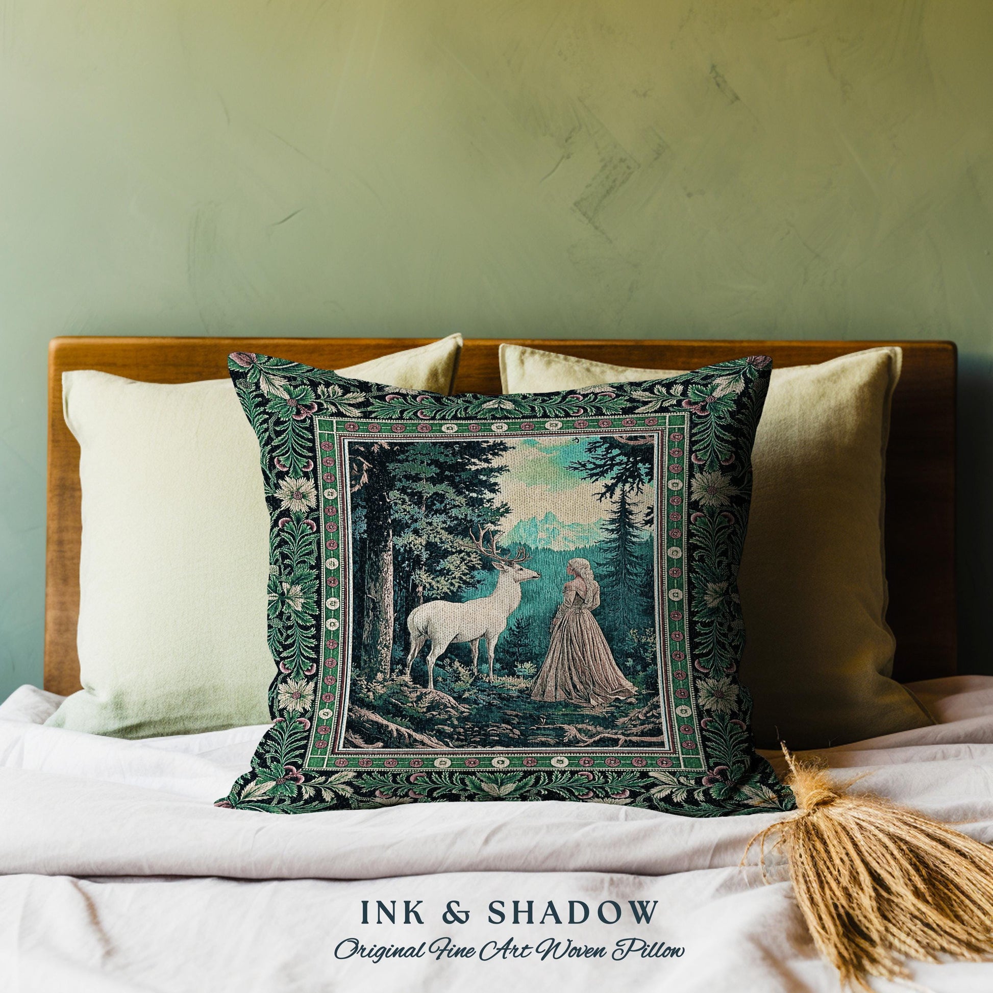 Faerie Realm Mystic Forest Pillow | Enchanted Gothic Landscape Dark Academia Nature Spirits Woven Tapestry Cushion Renaissance Magical Art |