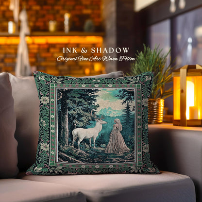 Faerie Realm Mystic Forest Pillow | Enchanted Gothic Landscape Dark Academia Nature Spirits Woven Tapestry Cushion Renaissance Magical Art |