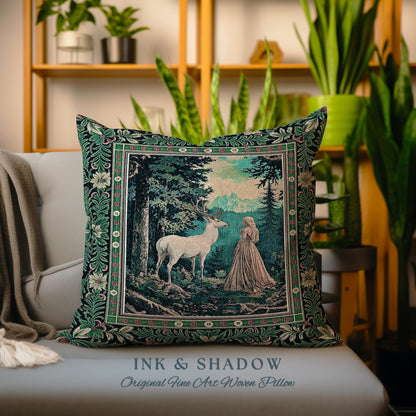 Faerie Realm Mystic Forest Pillow | Enchanted Gothic Landscape Dark Academia Nature Spirits Woven Tapestry Cushion Renaissance Magical Art |