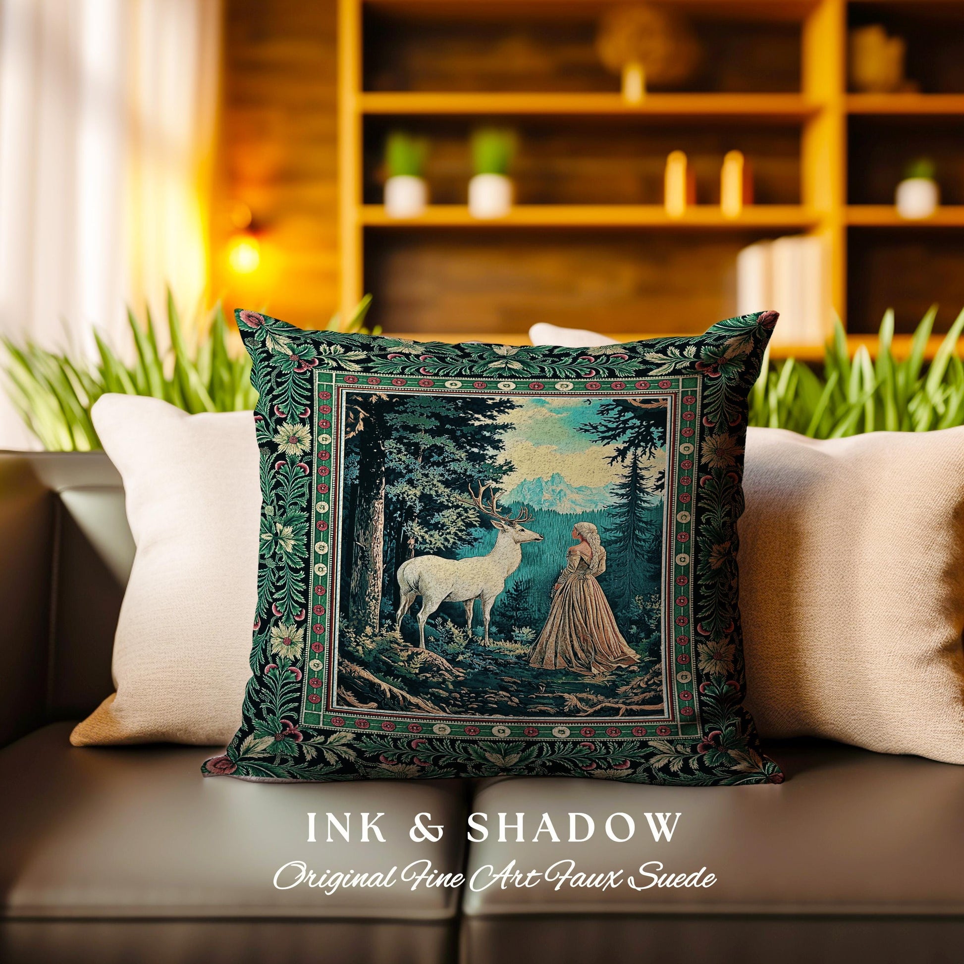 Faerie Realm Mystic Forest Pillow | Enchanted Gothic Landscape Dark Academia Nature Spirits Woven Tapestry Cushion Renaissance Magical Art |