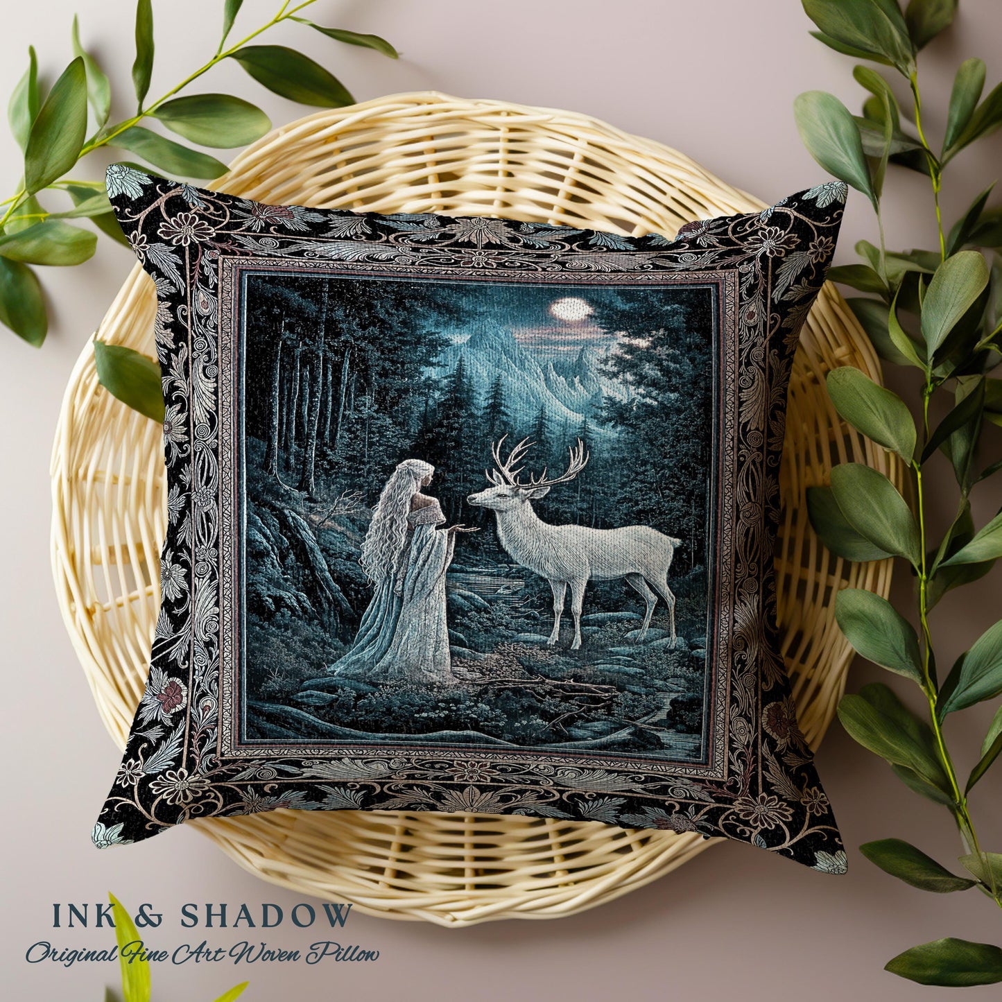 Midnight Magic Moonlit Fantasy Pillow | Forest Goddess Spirit Animal Fairycore Ethereal Woven Pillow Folklore Inspired Tapestry Cushion |