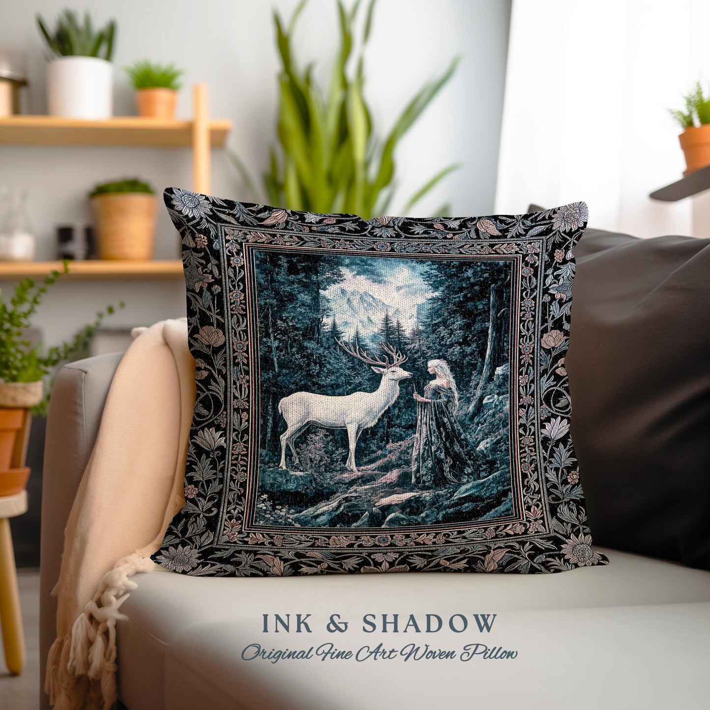 Goddess of the Woods Woven Pillow | Ethereal Forest Folklore Inspired Nature Throw Pillow Botanical Cushion Cottagecore Medieval Romantic |