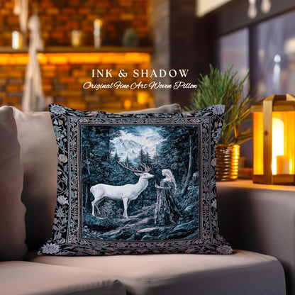 Goddess of the Woods Woven Pillow | Ethereal Forest Folklore Inspired Nature Throw Pillow Botanical Cushion Cottagecore Medieval Romantic |