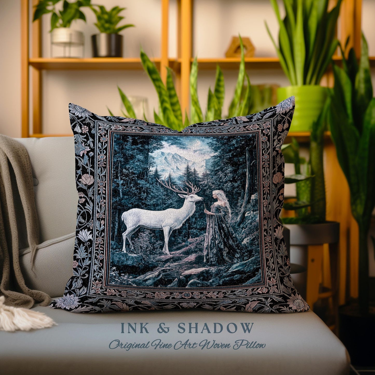 Goddess of the Woods Woven Pillow | Ethereal Forest Folklore Inspired Nature Throw Pillow Botanical Cushion Cottagecore Medieval Romantic |