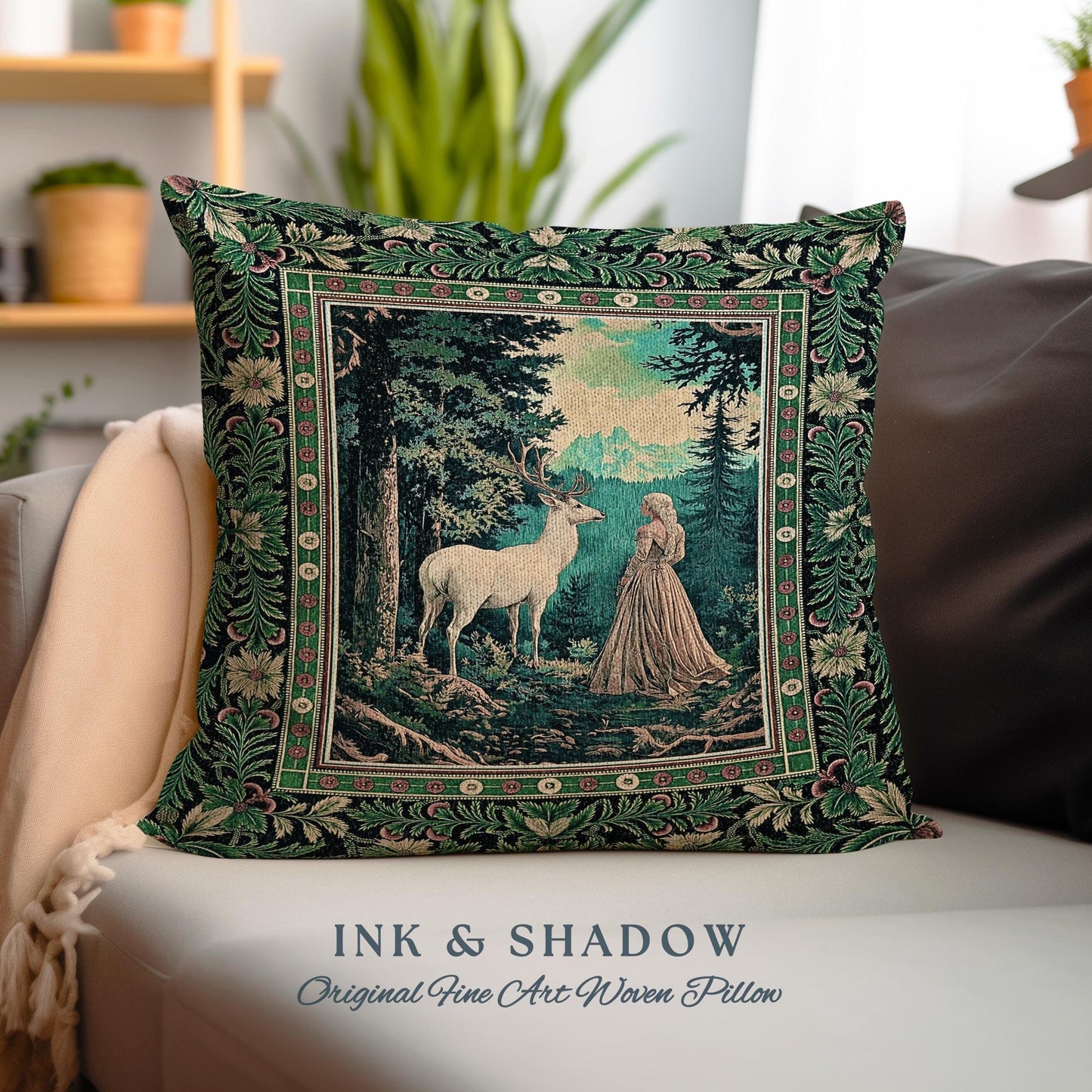 Faerie Realm Mystic Forest Pillow | Enchanted Gothic Landscape Dark Academia Nature Spirits Woven Tapestry Cushion Renaissance Magical Art |