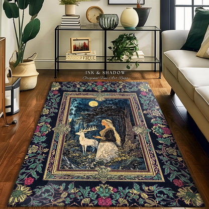Moonlit Fairytale Mystic Area Rug | Woodland Gothic Forest Green Nature Goddess Home Accent Rug Folklore Botanical Fantasy Renaissance Style