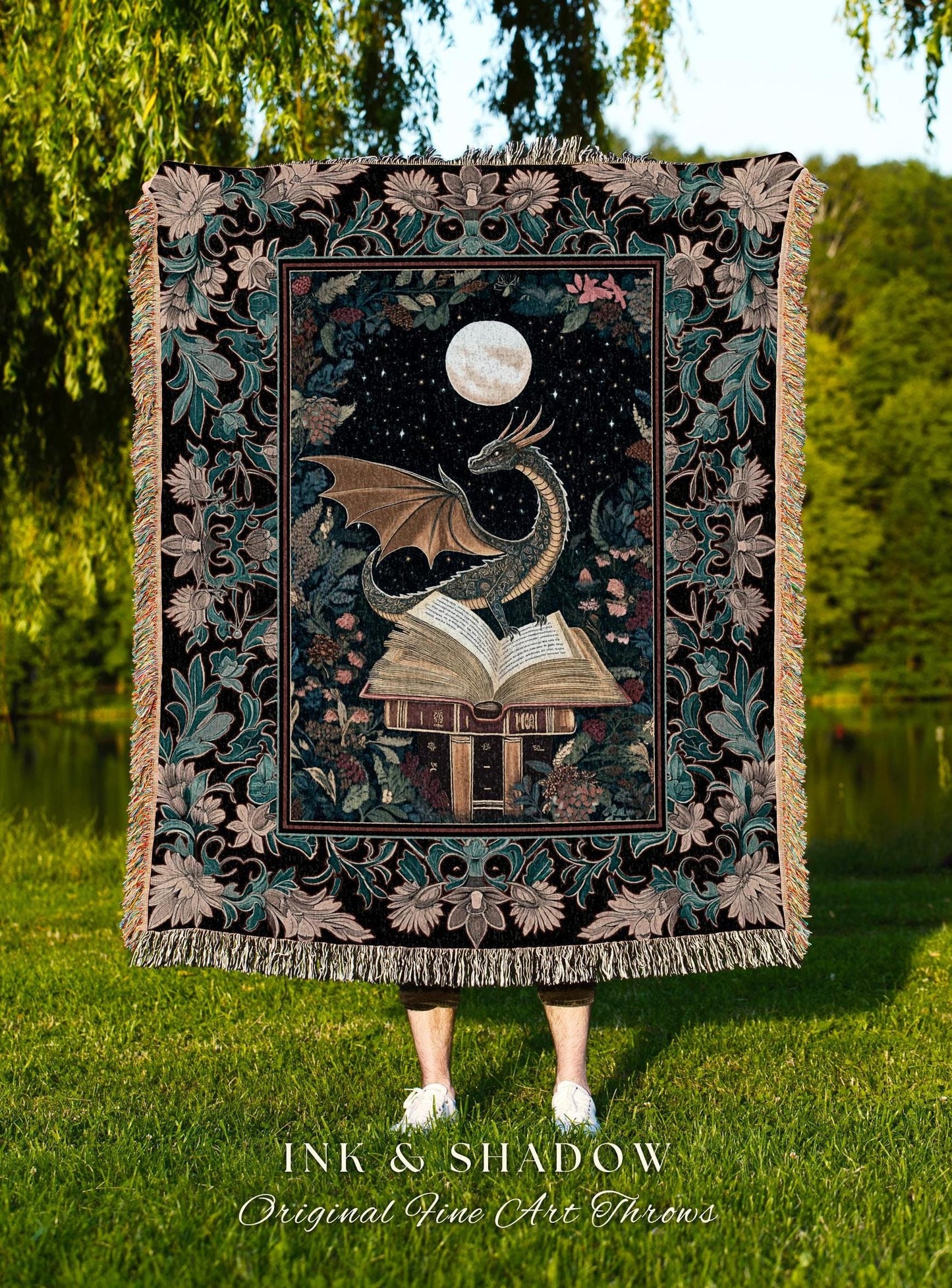 Mystic Academia Dragon Throw Blanket | Moonlit Fantasy Book Nook Tapestry Whimsical Bedroom Fairytale Dark Cottagecore Tapestry Woven Floral