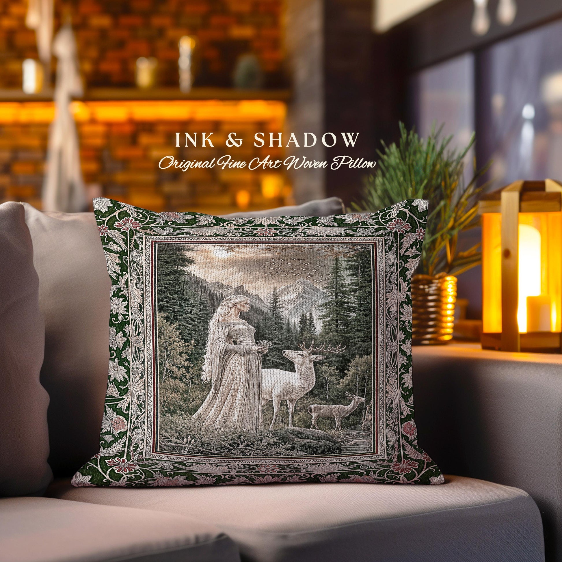 Enchanted Lands Medieval Tapestry Pillow | Gothic Landscape Fantasy Throw Pillow Woven Dark Fairycore Romantic Victorian Gothic Fairytale |