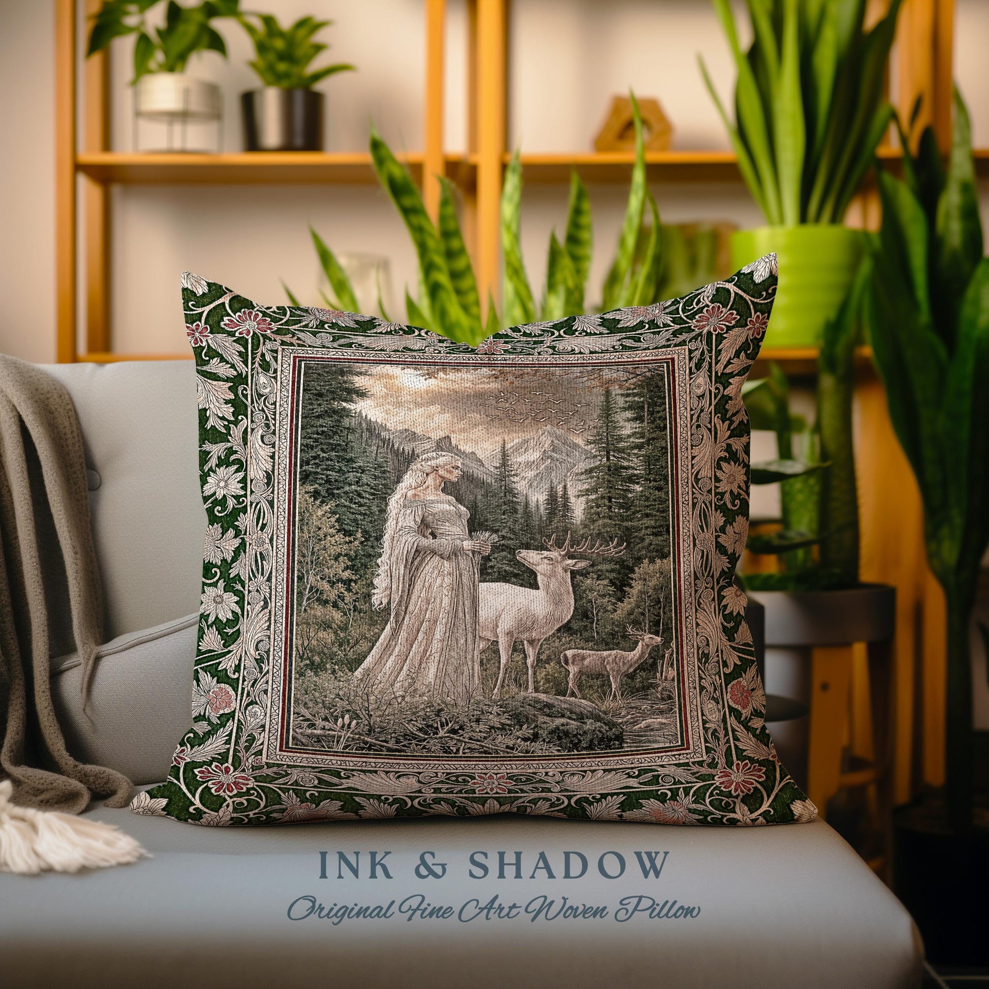 Enchanted Lands Medieval Tapestry Pillow | Gothic Landscape Fantasy Throw Pillow Woven Dark Fairycore Romantic Victorian Gothic Fairytale |