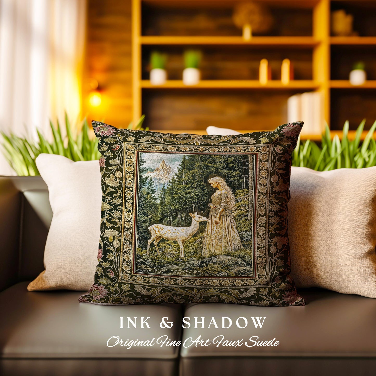 Whimsy Woodland Goddess Throw Pillow | Elegant Fairytale Tapestry Woven Cushion Victorian Botanical Princess Mystic Deer Forest Spirit Art |