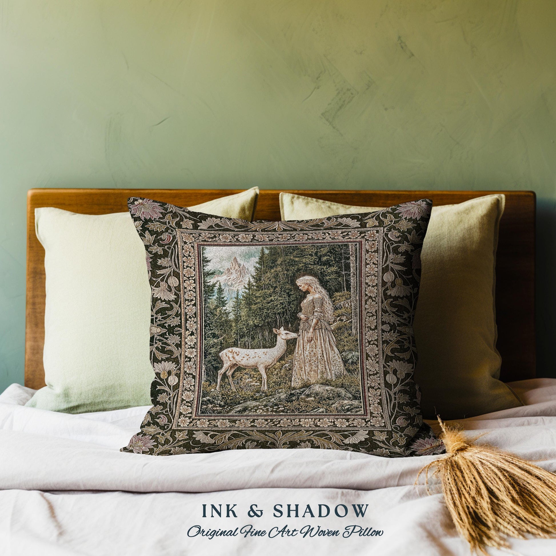 Whimsy Woodland Goddess Throw Pillow | Elegant Fairytale Tapestry Woven Cushion Victorian Botanical Princess Mystic Deer Forest Spirit Art |