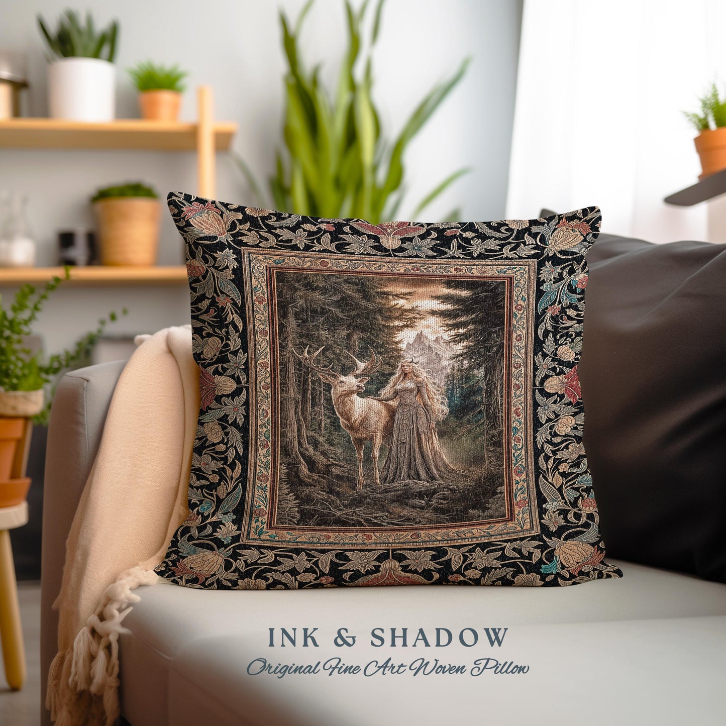 Enchanted Woods Fairytale Woven Pillow | Dark Cottagecore Whimsical Royal Gothic Folklore Inspired Woodland Magic Landscape Tapestry Cushion