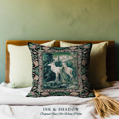 Woodland Guardian Ethereal Throw Pillow | Forest Goddess Tapestry Cushion Folklore Fairytale Fantasy Renaissance Dark Academia Forest Spirit