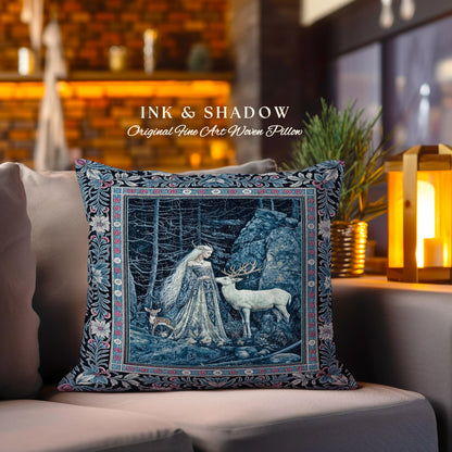 Spirit Animals Ethereal Goddess Pillow | Storybook Aesthetic Magical Forest Nymph Fantasy Woven Tapestry Cushion Dark Victorian Woodland |