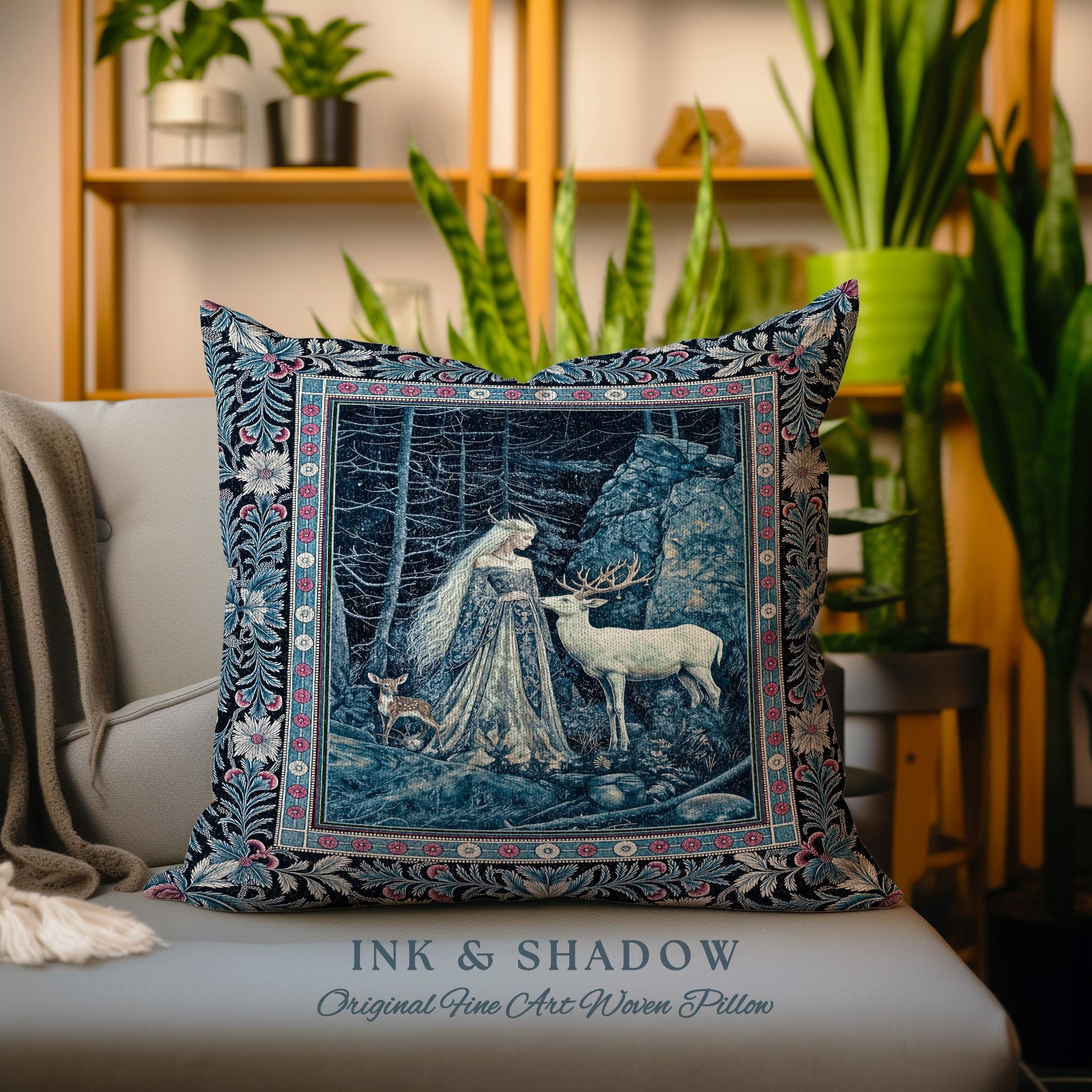 Spirit Animals Ethereal Goddess Pillow | Storybook Aesthetic Magical Forest Nymph Fantasy Woven Tapestry Cushion Dark Victorian Woodland |