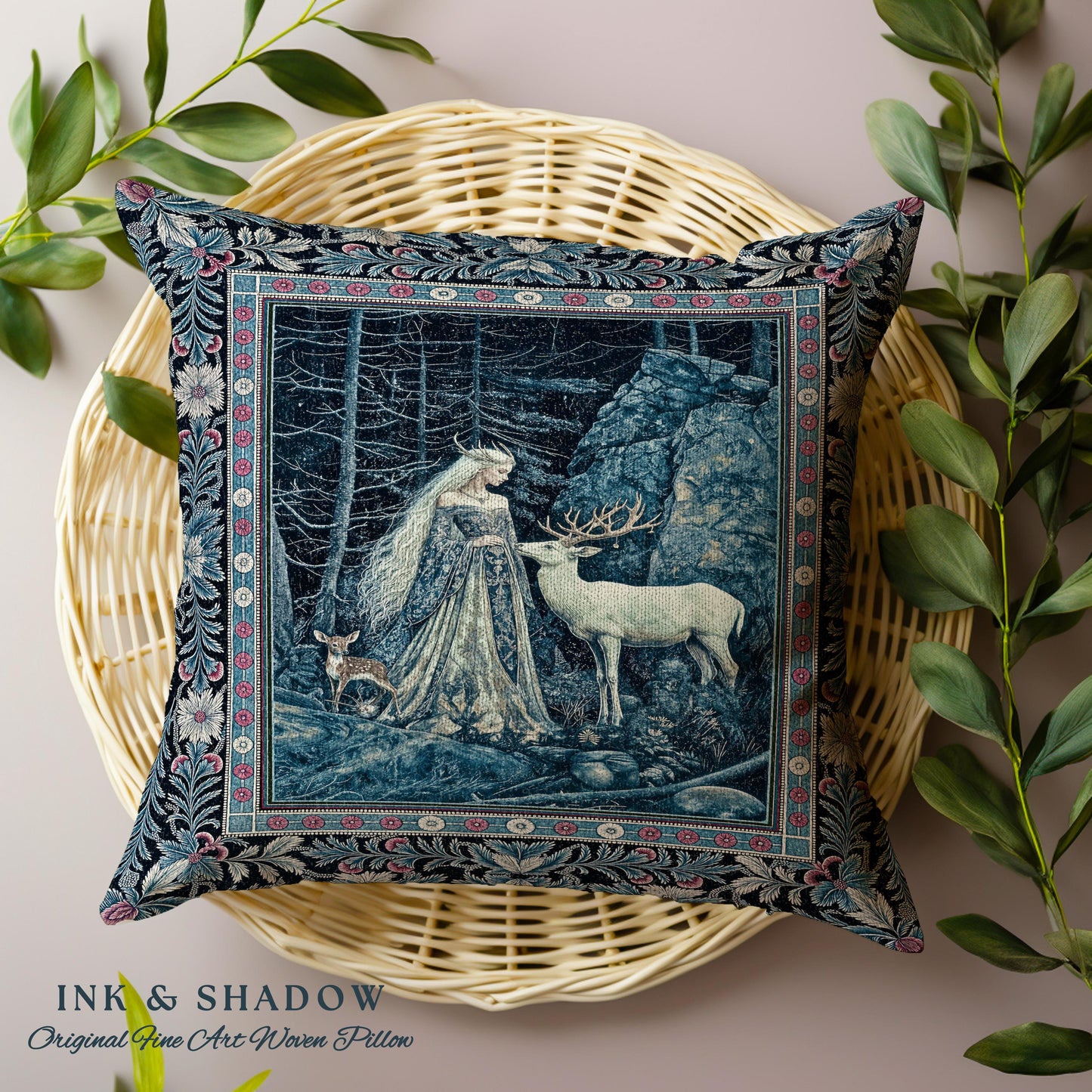 Spirit Animals Ethereal Goddess Pillow | Storybook Aesthetic Magical Forest Nymph Fantasy Woven Tapestry Cushion Dark Victorian Woodland |