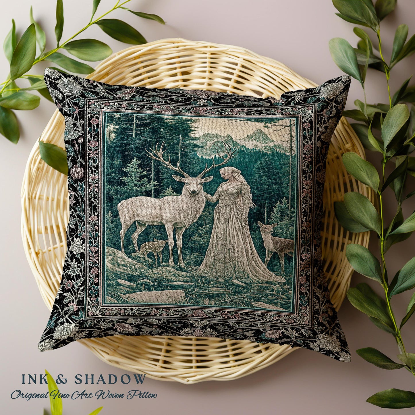 Twilight Forest Spirits Throw Pillow | Mythic Woodland Fairycore Tapestry Cushion Royal Renaissance Folklore Landscape Woven Victorian Decor