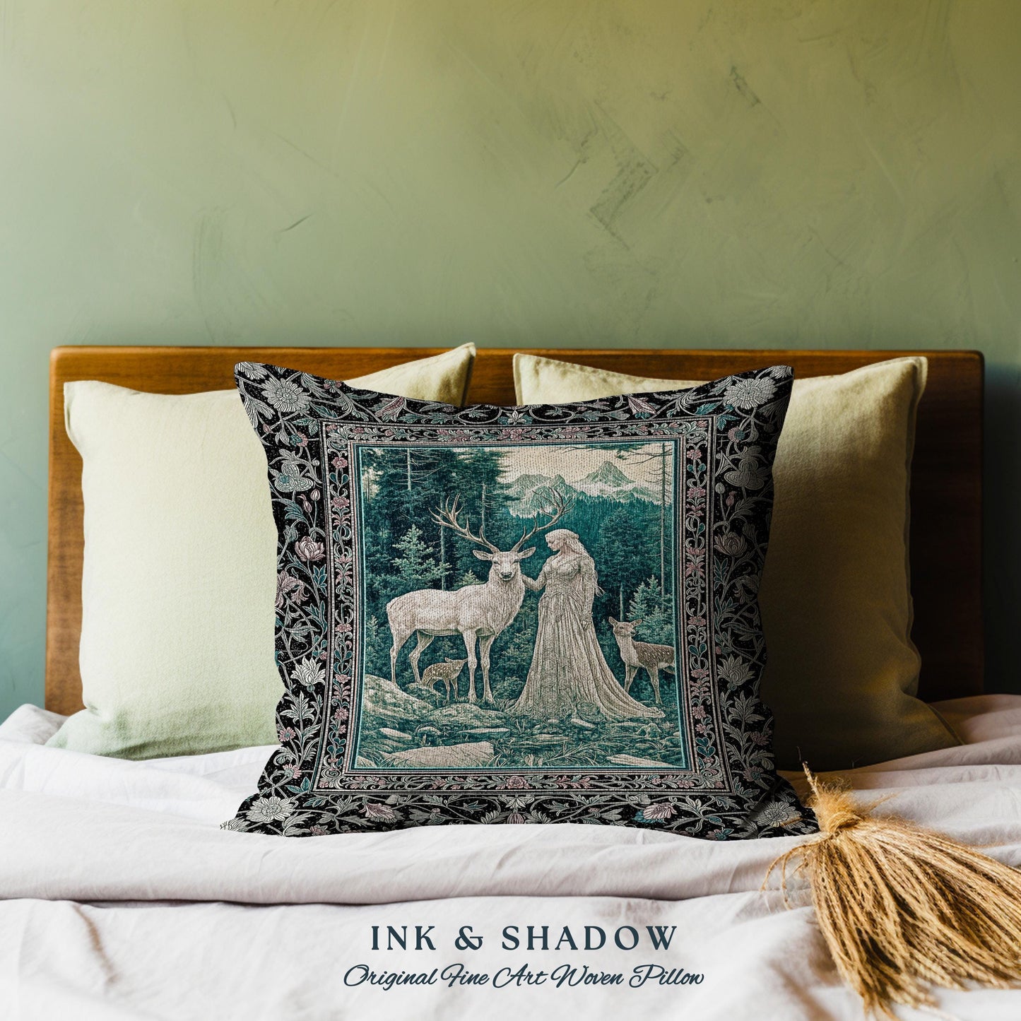 Twilight Forest Spirits Throw Pillow | Mythic Woodland Fairycore Tapestry Cushion Royal Renaissance Folklore Landscape Woven Victorian Decor