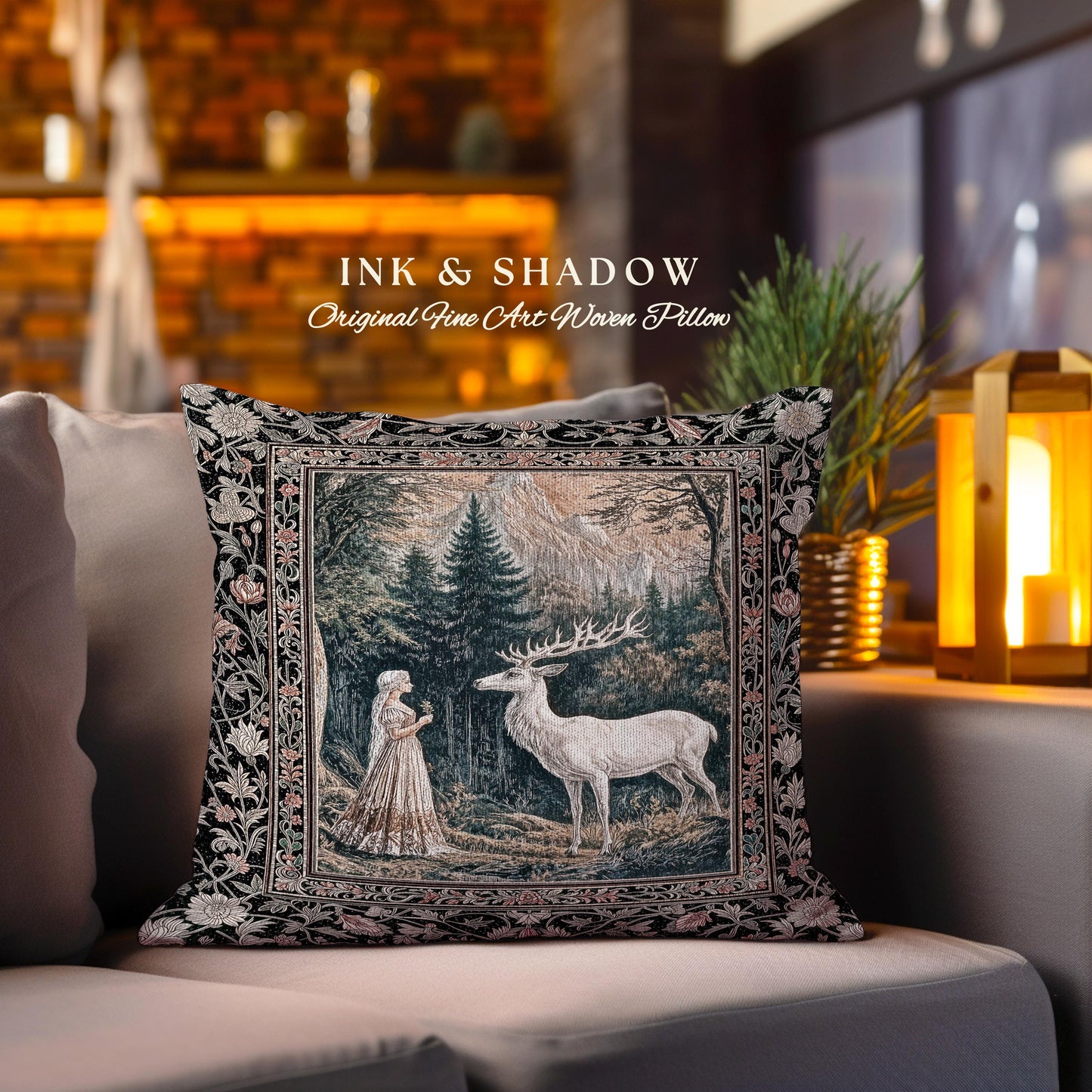 Mythic Landscape Gothic Forest Pillow | Woodland Goddess Mystic Deer Woven Tapestry Cushion Forest Nymph Fairycore Magical Botanical Scene