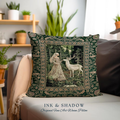 Botanical Folklore Ethereal Woven Pillow | Forest Elegance Mother Earth Tapestry Cushion Fantasy Dark Green Dark Fairycore Romantic Style |