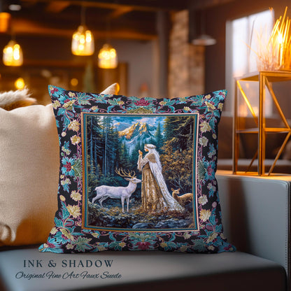 Magical Forest Fantasy Pillow | Ancient Druid Throw Pillow Woodland Spirit Animal Fairytale Decor Ethereal Woven Tapestry Cushion Folklore