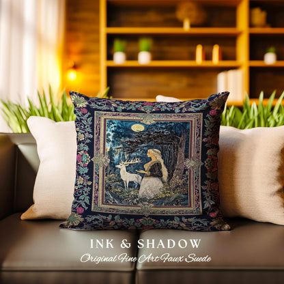 Moonlit Fairytale Mystic Throw Pillow | Woodland Gothic Forest Green Nature Goddess Woven Tapestry Cushion Folklore Botanical Fantasy Style