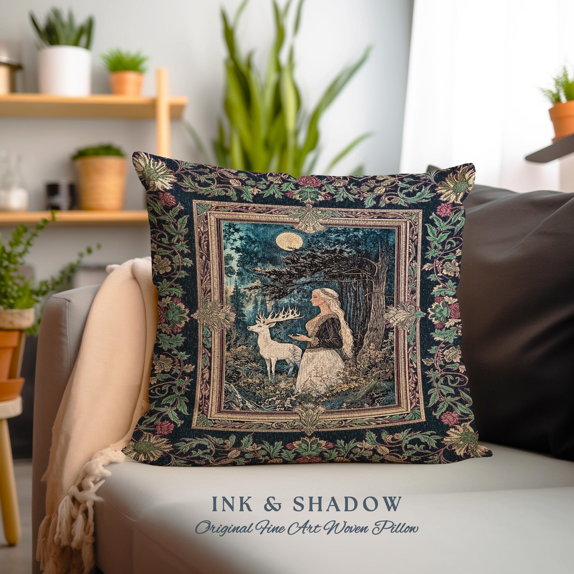 Moonlit Fairytale Mystic Throw Pillow | Woodland Gothic Forest Green Nature Goddess Woven Tapestry Cushion Folklore Botanical Fantasy Style