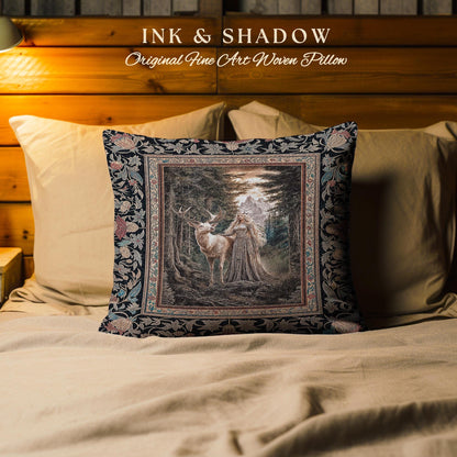 Enchanted Woods Fairytale Woven Pillow | Dark Cottagecore Whimsical Royal Gothic Folklore Inspired Woodland Magic Landscape Tapestry Cushion