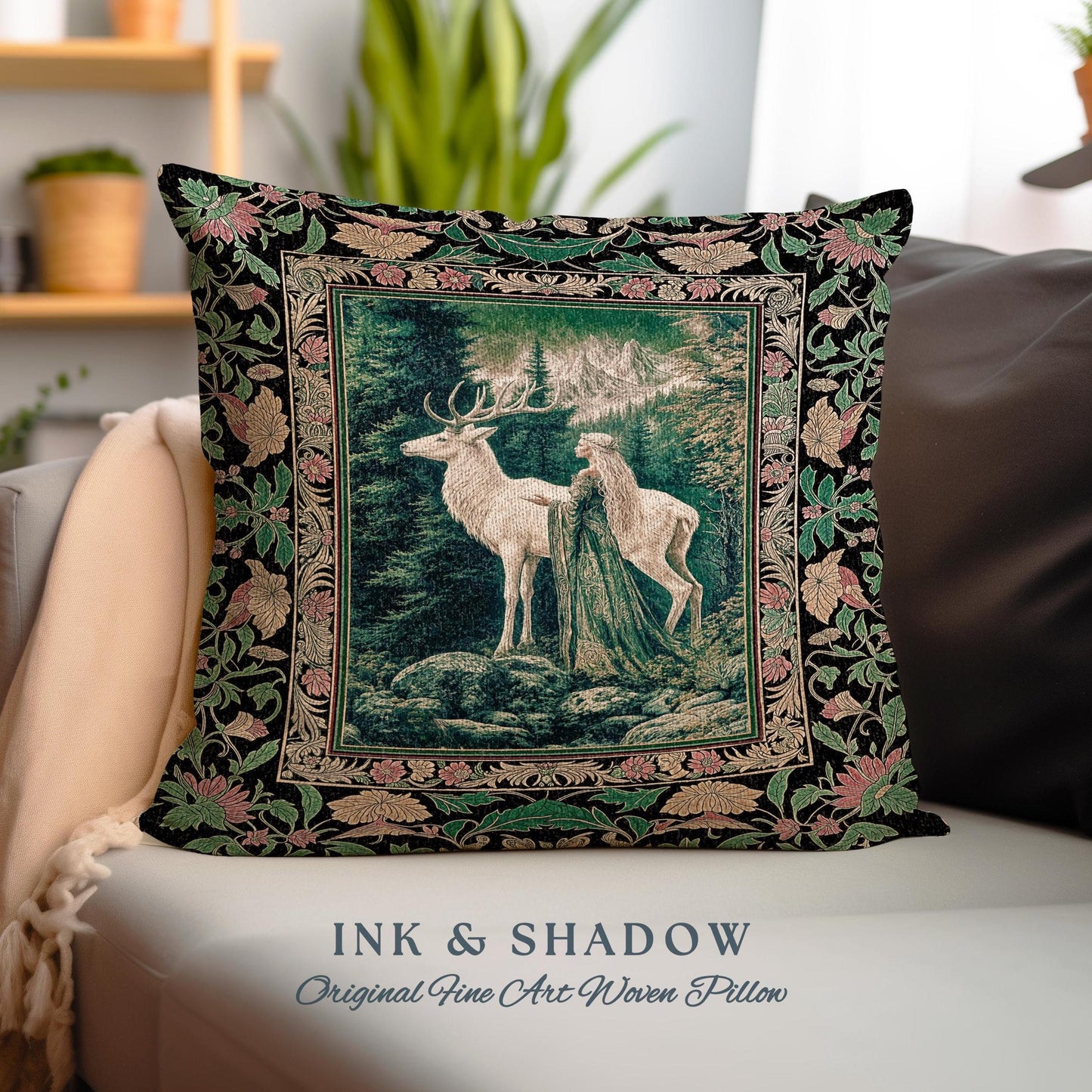 Woodland Guardian Ethereal Throw Pillow | Forest Goddess Tapestry Cushion Folklore Fairytale Fantasy Renaissance Dark Academia Forest Spirit