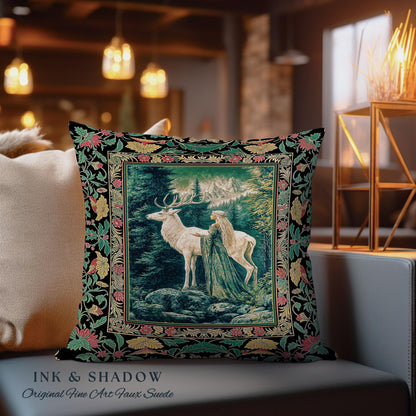 Woodland Guardian Ethereal Throw Pillow | Forest Goddess Tapestry Cushion Folklore Fairytale Fantasy Renaissance Dark Academia Forest Spirit