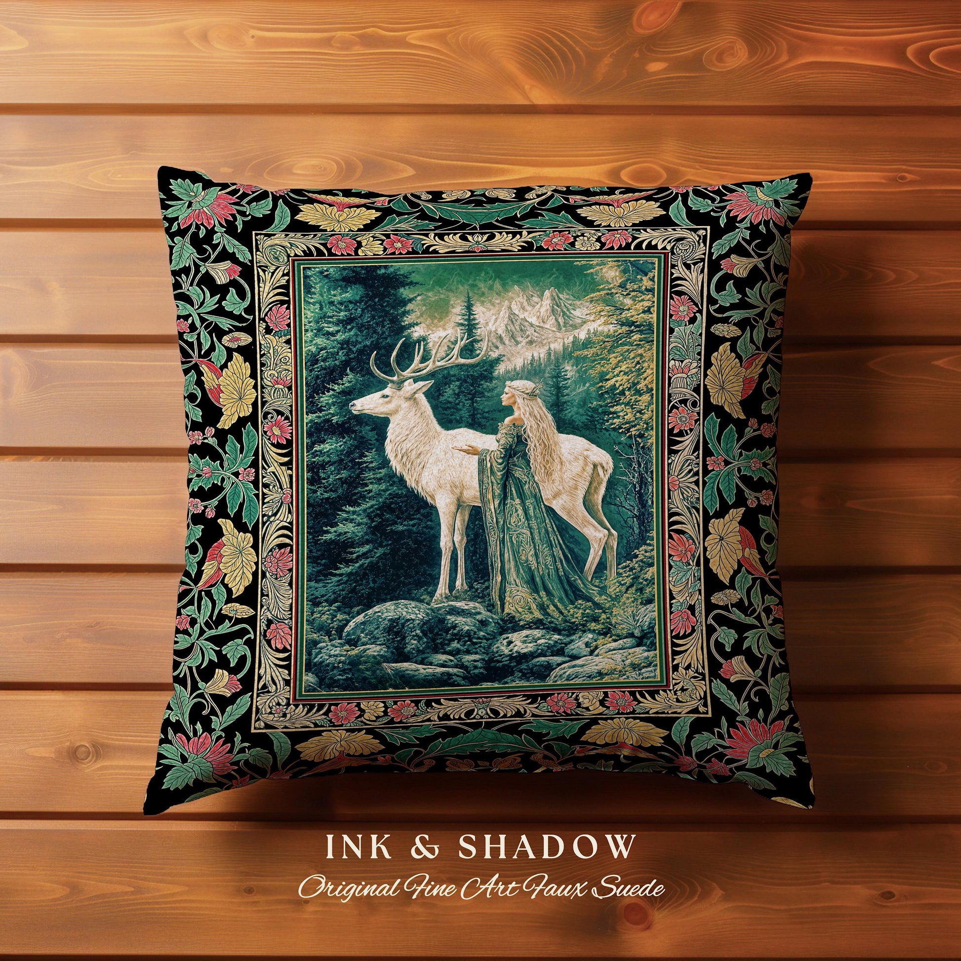 Woodland Guardian Ethereal Throw Pillow | Forest Goddess Tapestry Cushion Folklore Fairytale Fantasy Renaissance Dark Academia Forest Spirit