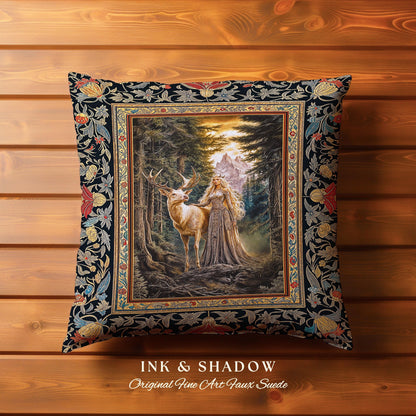 Enchanted Woods Fairytale Woven Pillow | Dark Cottagecore Whimsical Royal Gothic Folklore Inspired Woodland Magic Landscape Tapestry Cushion