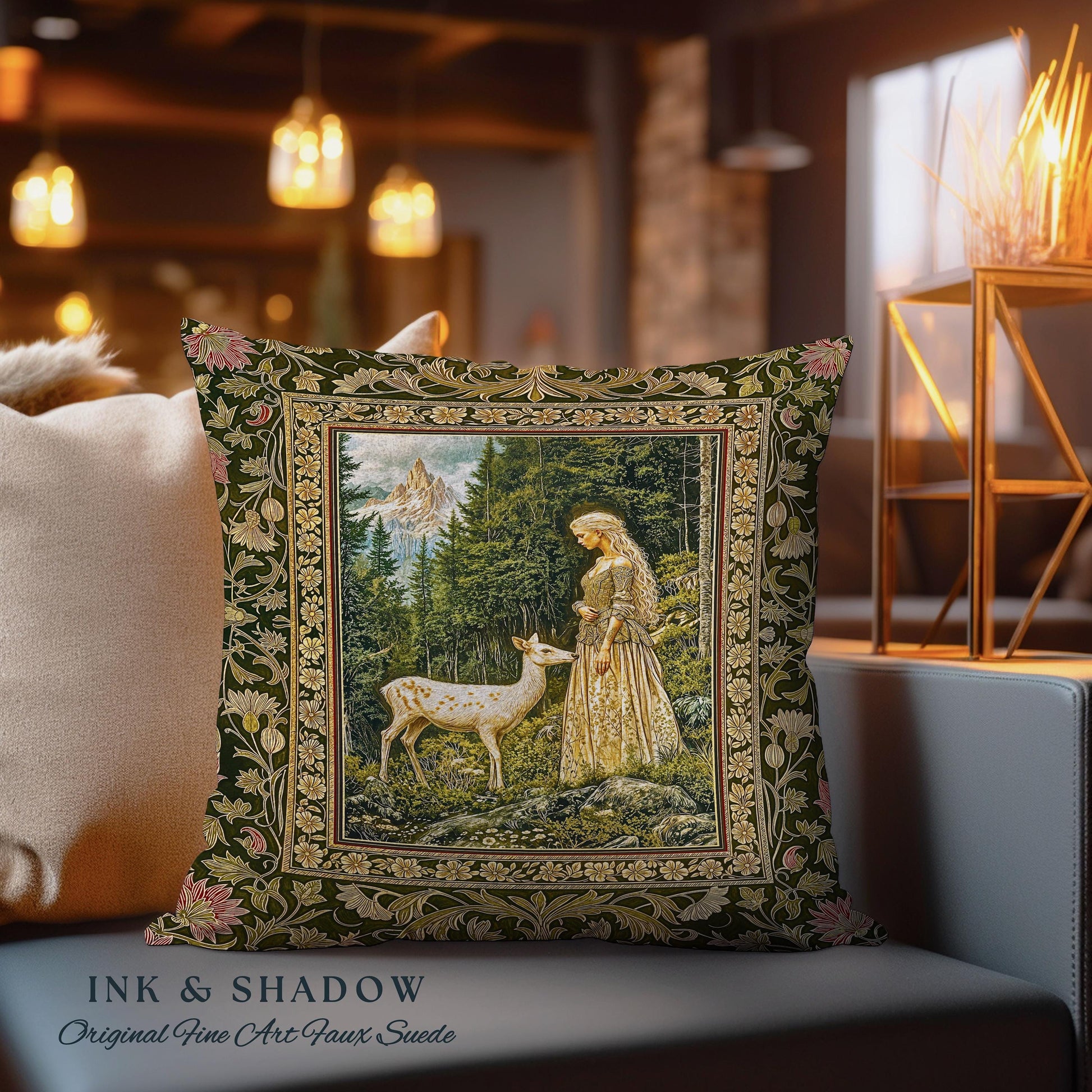 Whimsy Woodland Goddess Throw Pillow | Elegant Fairytale Tapestry Woven Cushion Victorian Botanical Princess Mystic Deer Forest Spirit Art |