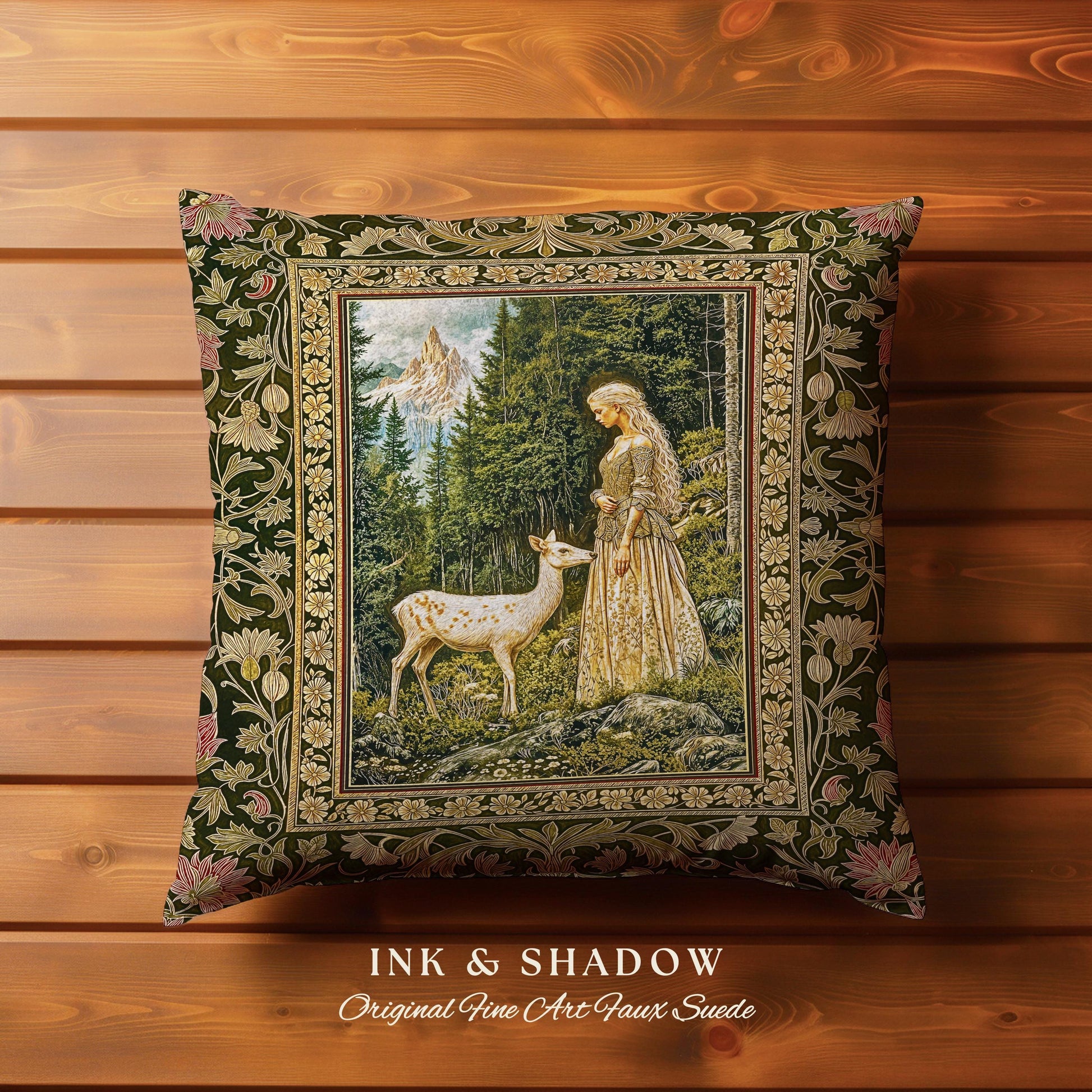 Whimsy Woodland Goddess Throw Pillow | Elegant Fairytale Tapestry Woven Cushion Victorian Botanical Princess Mystic Deer Forest Spirit Art |