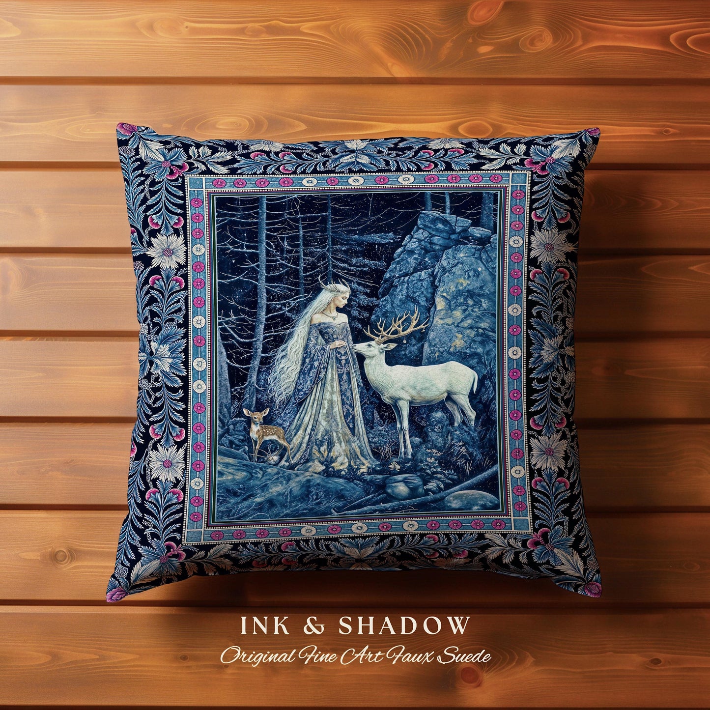 Spirit Animals Ethereal Goddess Pillow | Storybook Aesthetic Magical Forest Nymph Fantasy Woven Tapestry Cushion Dark Victorian Woodland |