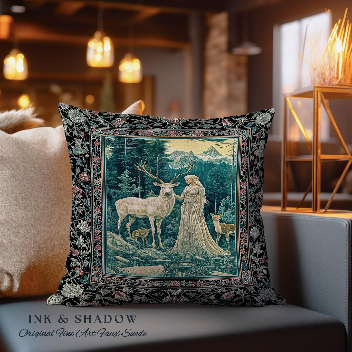 Twilight Forest Spirits Throw Pillow | Mythic Woodland Fairycore Tapestry Cushion Royal Renaissance Folklore Landscape Woven Victorian Decor