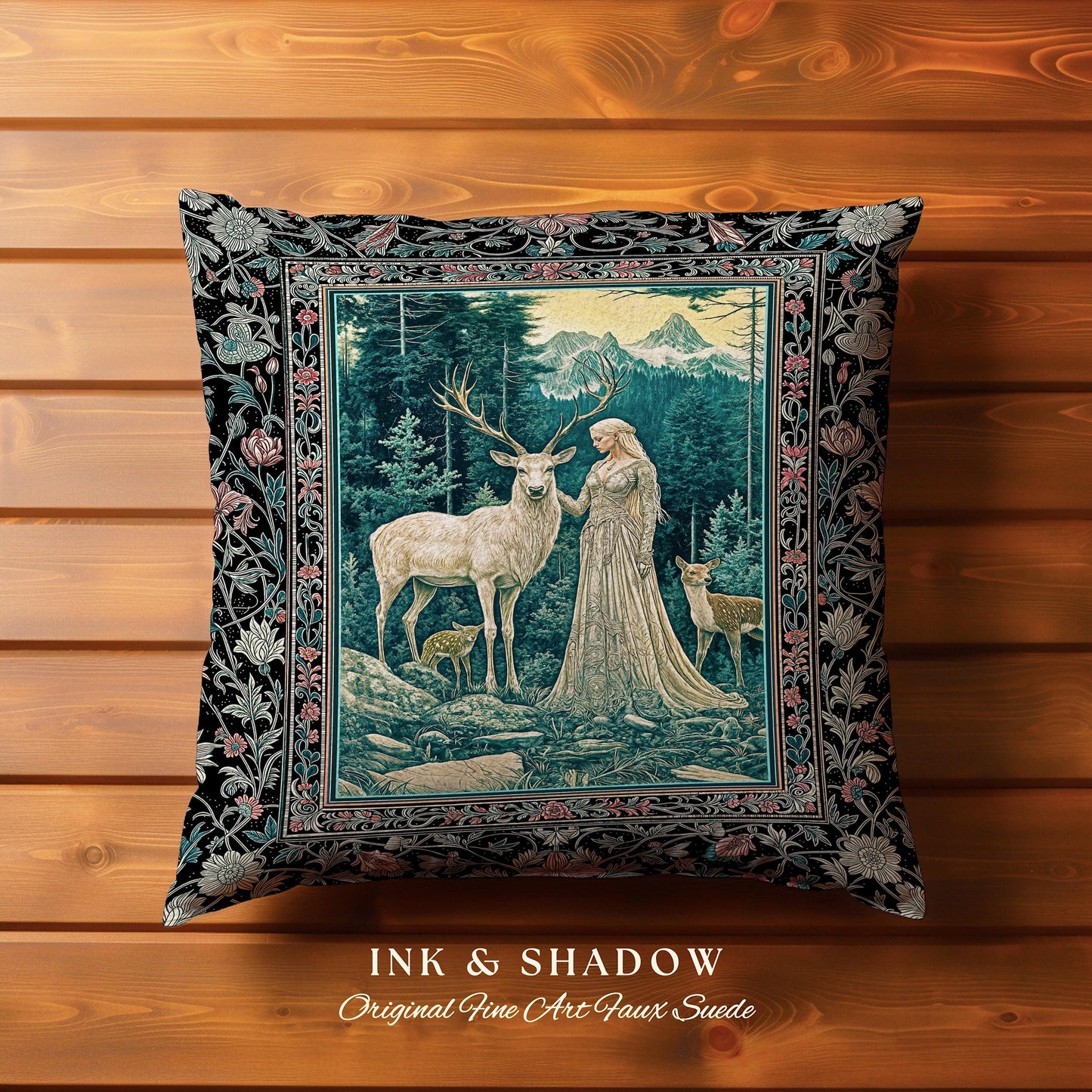 Twilight Forest Spirits Throw Pillow | Mythic Woodland Fairycore Tapestry Cushion Royal Renaissance Folklore Landscape Woven Victorian Decor