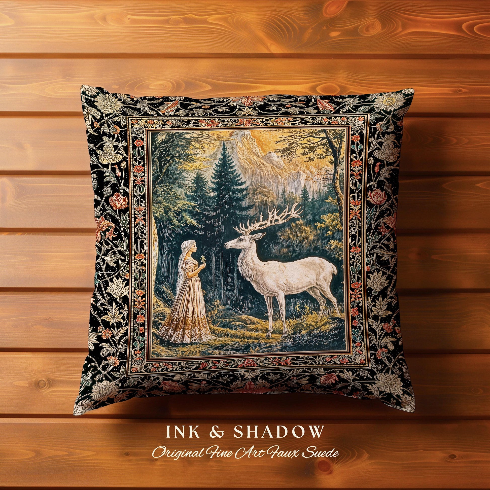 Mythic Landscape Gothic Forest Pillow | Woodland Goddess Mystic Deer Woven Tapestry Cushion Forest Nymph Fairycore Magical Botanical Scene