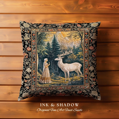 Mythic Landscape Gothic Forest Pillow | Woodland Goddess Mystic Deer Woven Tapestry Cushion Forest Nymph Fairycore Magical Botanical Scene