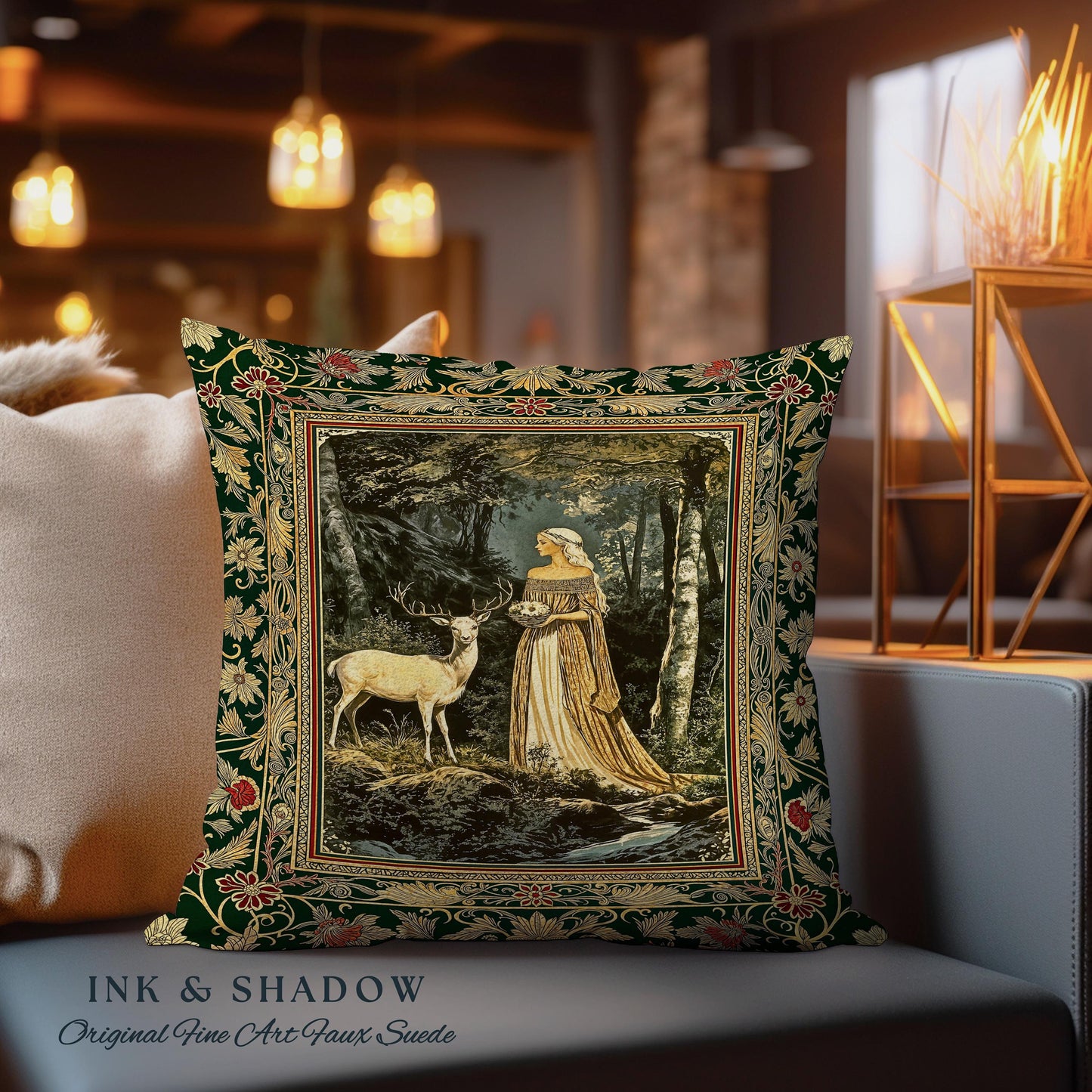 Nature Spirits Ethereal Woven Pillow | Royal Medieval Folklore inspired Woodland Landscape Throw Pillow Fantasy Dark Forest Tapestry Cushion