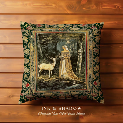 Nature Spirits Ethereal Woven Pillow | Royal Medieval Folklore inspired Woodland Landscape Throw Pillow Fantasy Dark Forest Tapestry Cushion