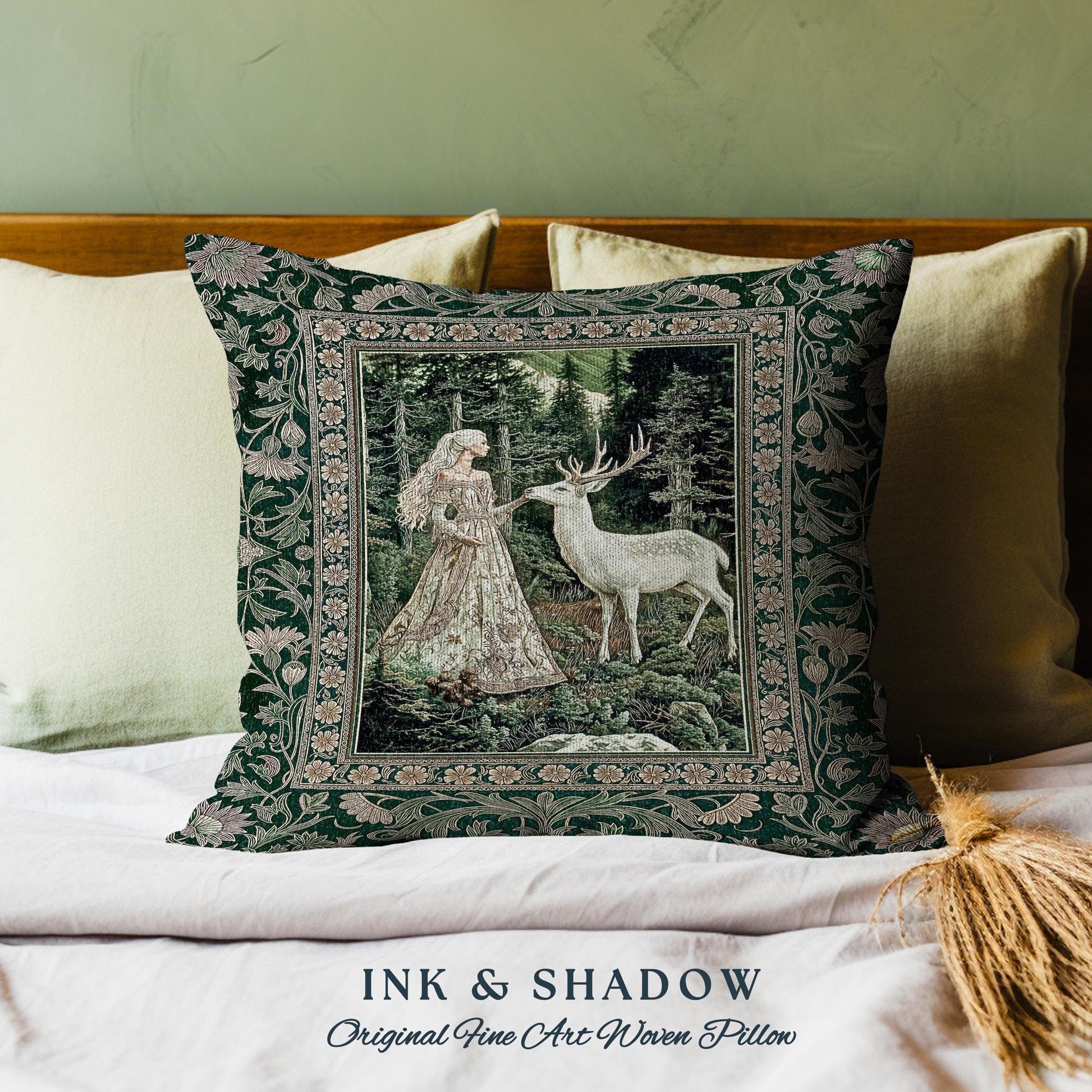 Botanical Folklore Ethereal Woven Pillow | Forest Elegance Mother Earth Tapestry Cushion Fantasy Dark Green Dark Fairycore Romantic Style |