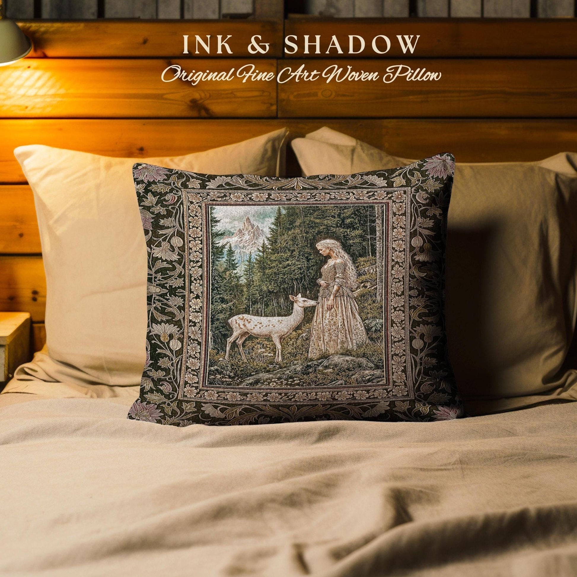 Whimsy Woodland Goddess Throw Pillow | Elegant Fairytale Tapestry Woven Cushion Victorian Botanical Princess Mystic Deer Forest Spirit Art |