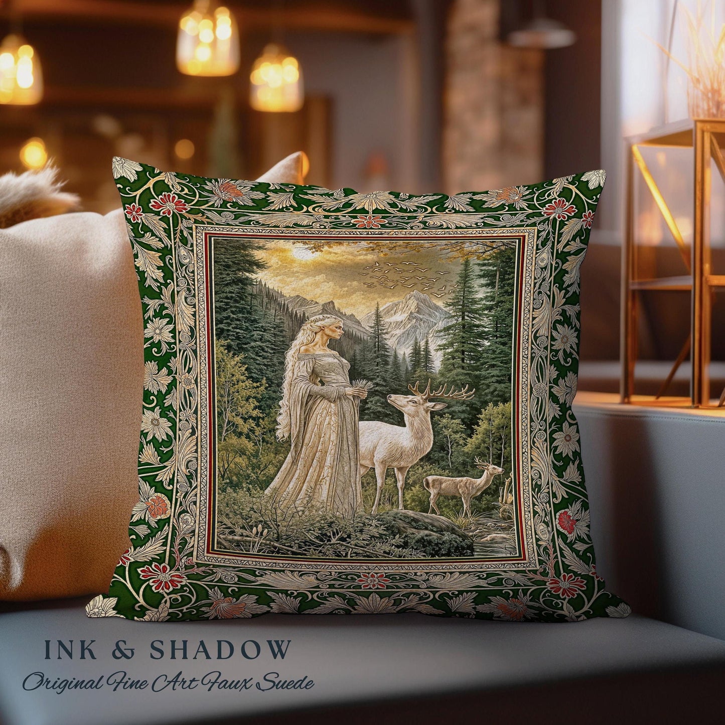 Enchanted Lands Medieval Tapestry Pillow | Gothic Landscape Fantasy Throw Pillow Woven Dark Fairycore Romantic Victorian Gothic Fairytale |