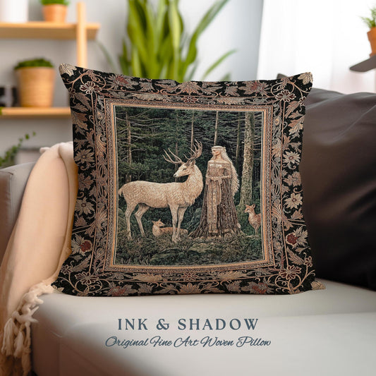 Dark Renaissance Woodland Pillow | Elegant Fairycore Tapestry Pillow Woven Mythic Landscape Gothic Forest Spirit Animal Cushion Forest Nymph