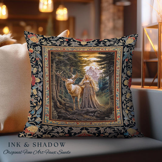 Enchanted Woods Fairytale Woven Pillow | Dark Cottagecore Whimsical Royal Gothic Folklore Inspired Woodland Magic Landscape Tapestry Cushion