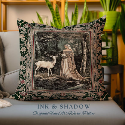 Nature Spirits Ethereal Woven Pillow | Royal Medieval Folklore inspired Woodland Landscape Throw Pillow Fantasy Dark Forest Tapestry Cushion