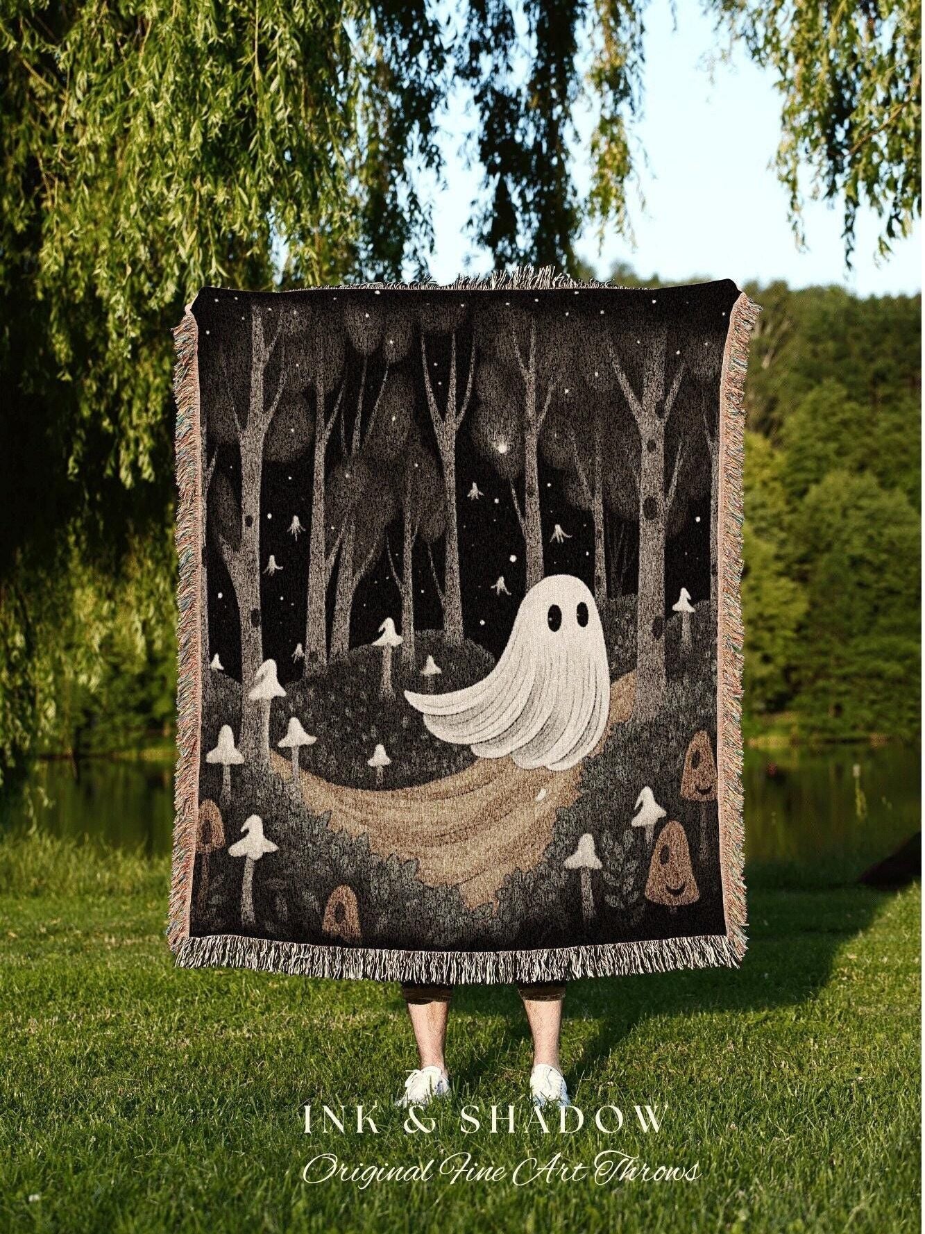 Woodland Mushroom Blanket Woven | Dark Cottagecore Room Decor Whimsical Wall Art Woodland Ghost Painting Mushroom Wall Art Whimsigoth Decor