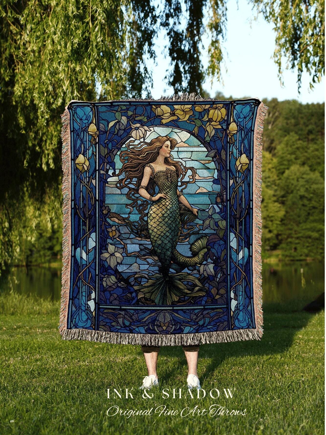 Stained Glass Mermaid Blanket | Celestial Mermaid Cottagecore Decor Art Nouveau Tapestry Woven Blanket Mermaidcore Decor Vintage Aesthetic |